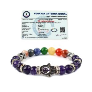 Crystu Natural 7 Chakra with Amethyst Certified Bracelet Crystal Stone Bracelet Combination Hamsa Charm Bracelet 8 mm Round Beads (Color : Multi)