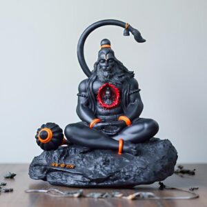 ArtSutra Hanuman Statue for Home Pooja Temple, Ram Lalla in Heart Meditating Hanuman Idol for Office Desk and Home Decoration Best for Gifting Big Size 20 CM (Black Orange)