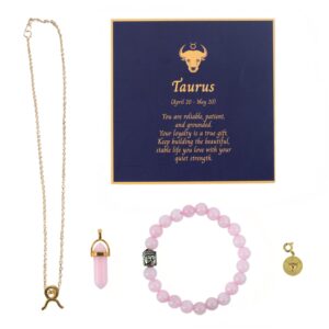 Astrotalk Taurus Zodiac with Rose Quartz Crystal Jewellery | Rose Quartz Bracelet & 2 Pendants with Charm | Promotes Love & Emotional Healing | Taurus Charm for Stability | Gift for Woman