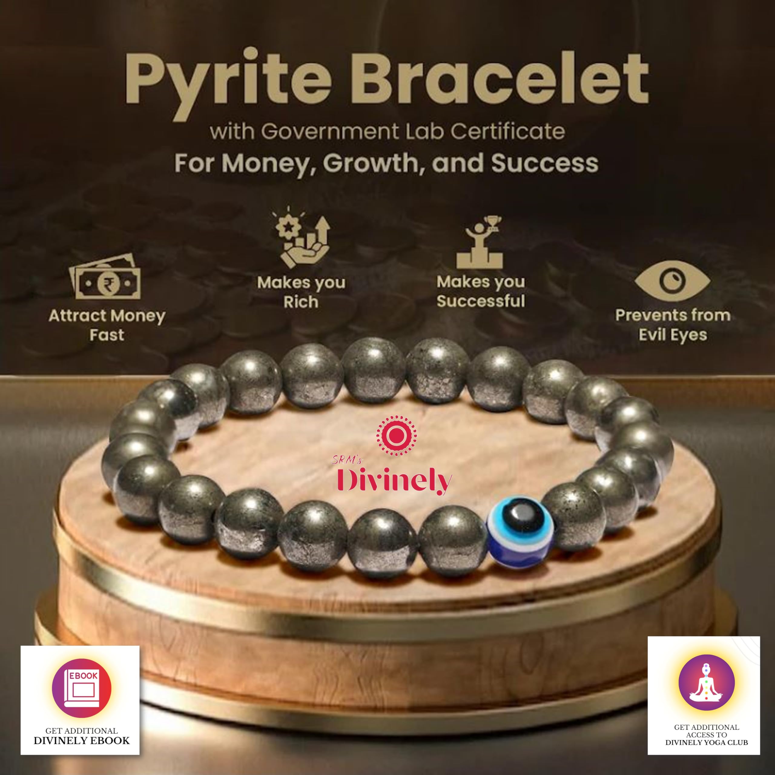 Divinely Pyrite Bracelet Original Certified – 8mm Raw Gem Stone Bracelet for Men & Women | Handmade Pyrite for Money, Confidence & Protection | Crystal Energy Pirate Bracelets (Pyrite Bracelet) - Image 2