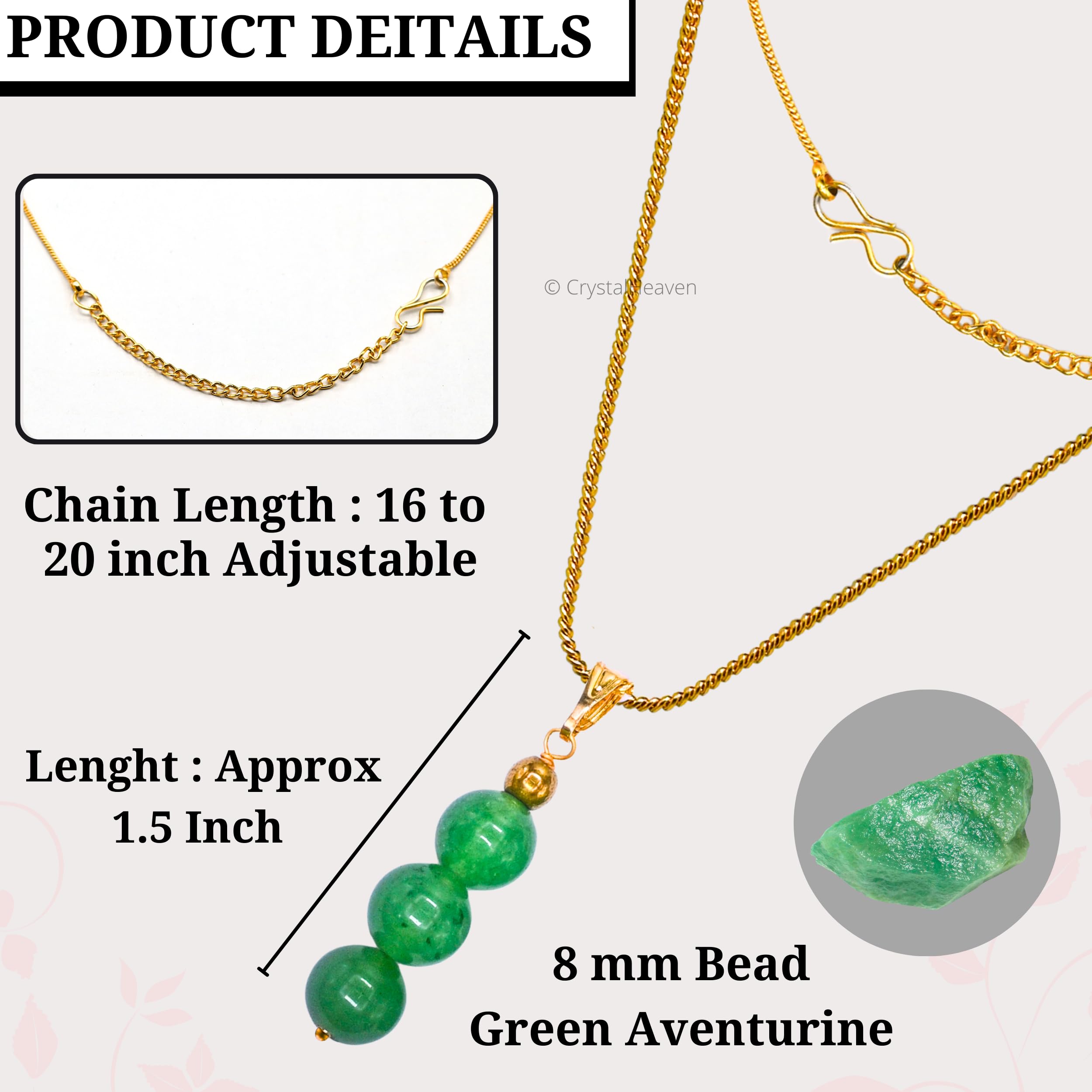 Certified Green Aventurine Pendant Necklace for Women - Original Green Crystal Pendant for Women - Natural Healing Crystal Stone Necklace for Women with Authenticity Certificate (Beads Bar, Gold) - Image 6
