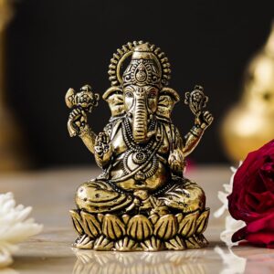 Brass God Ganesh Ji Sitting On Lotus Flower Idol 2.5 Inch Lord Ganesha Murti For Diwali Puja Ganpati Bappa Statue Vinyank Feng Shui For Home Entrance Ganesh Chaturthi Temple Puja Gifting Car Decor