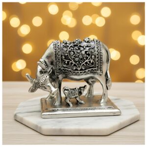 Dev Aastha 999 Pure Silver Plated Kamdhenu Cow Idol | 4 Inch Vastu Home Decor | Symbol of Prosperity & Abundance | Auspicious Religious Gift for Pooja Room & Mandir